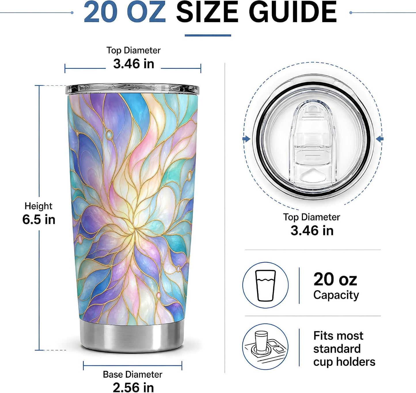 Pastel Floral Swirl Art 20oz Tumbler, Floral Swirl Tumbler, Abstract Drink Cup, Aqua Lavender Petal Design, Gold Line Glass Pattern, Soft Iridescent Artwork, Calm Decor Lover Style
