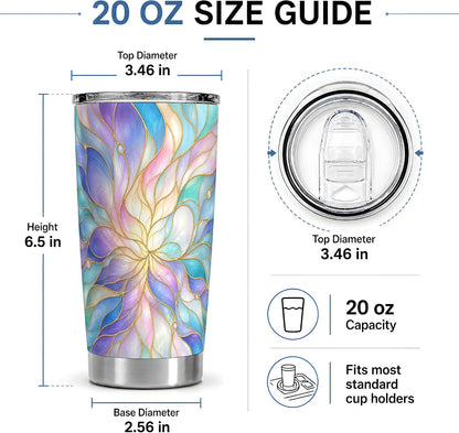 Pastel Floral Swirl Art 20oz Tumbler, Floral Swirl Tumbler, Abstract Drink Cup, Aqua Lavender Petal Design, Gold Line Glass Pattern, Soft Iridescent Artwork, Calm Decor Lover Style