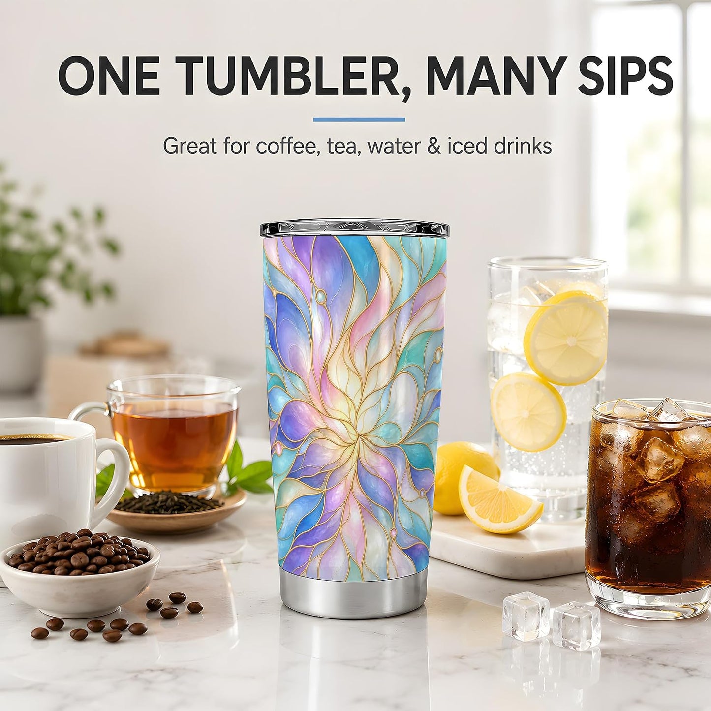 Pastel Floral Swirl Art 20oz Tumbler, Floral Swirl Tumbler, Abstract Drink Cup, Aqua Lavender Petal Design, Gold Line Glass Pattern, Soft Iridescent Artwork, Calm Decor Lover Style
