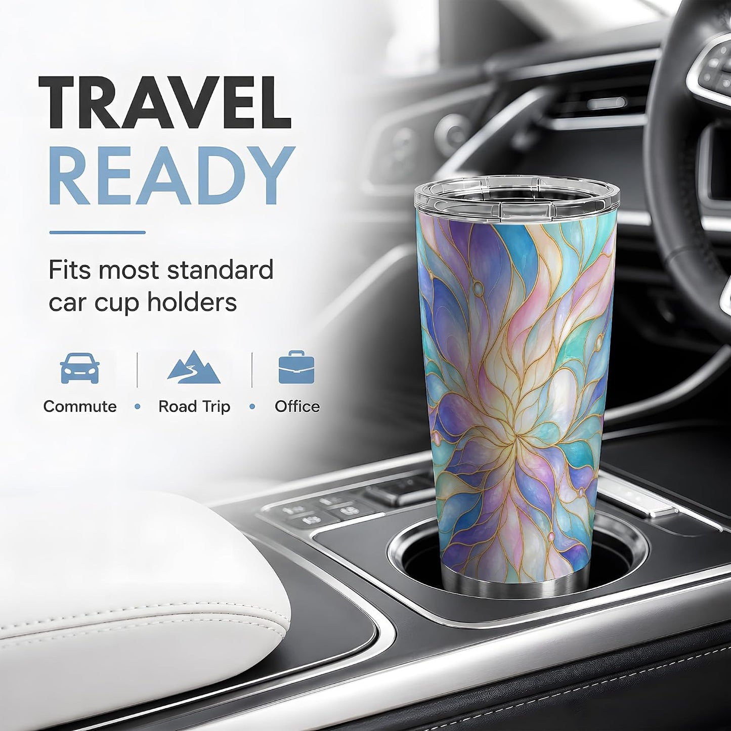 Pastel Floral Swirl Art 20oz Tumbler, Floral Swirl Tumbler, Abstract Drink Cup, Aqua Lavender Petal Design, Gold Line Glass Pattern, Soft Iridescent Artwork, Calm Decor Lover Style