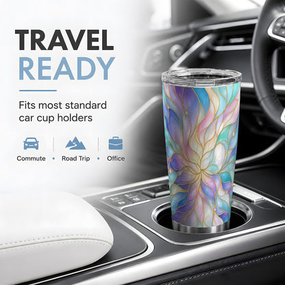 Pastel Floral Swirl Art 20oz Tumbler, Floral Swirl Tumbler, Abstract Drink Cup, Aqua Lavender Petal Design, Gold Line Glass Pattern, Soft Iridescent Artwork, Calm Decor Lover Style