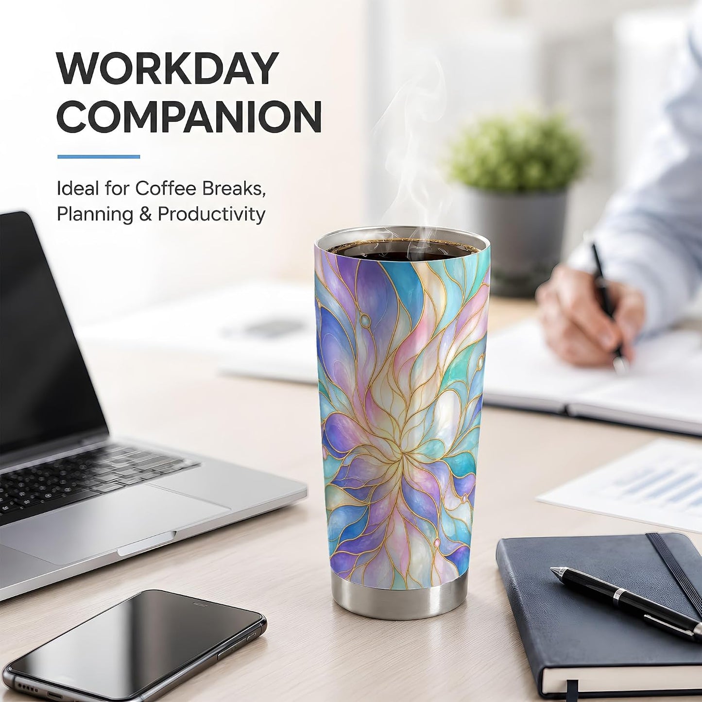 Pastel Floral Swirl Art 20oz Tumbler, Floral Swirl Tumbler, Abstract Drink Cup, Aqua Lavender Petal Design, Gold Line Glass Pattern, Soft Iridescent Artwork, Calm Decor Lover Style