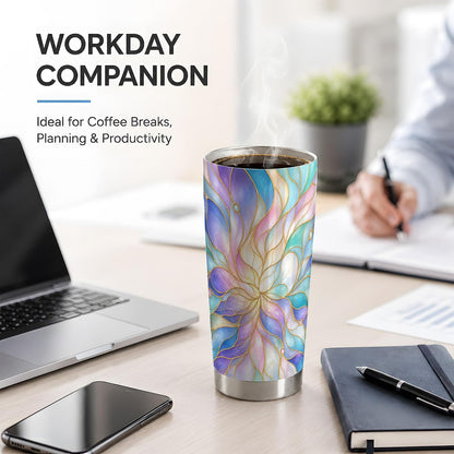 Pastel Floral Swirl Art 20oz Tumbler, Floral Swirl Tumbler, Abstract Drink Cup, Aqua Lavender Petal Design, Gold Line Glass Pattern, Soft Iridescent Artwork, Calm Decor Lover Style