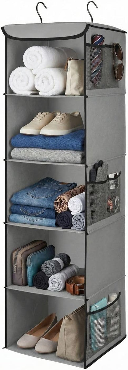 5-Shelf Fabric Hanging Closet Organizer, 11.9-Inch Wide, Brown