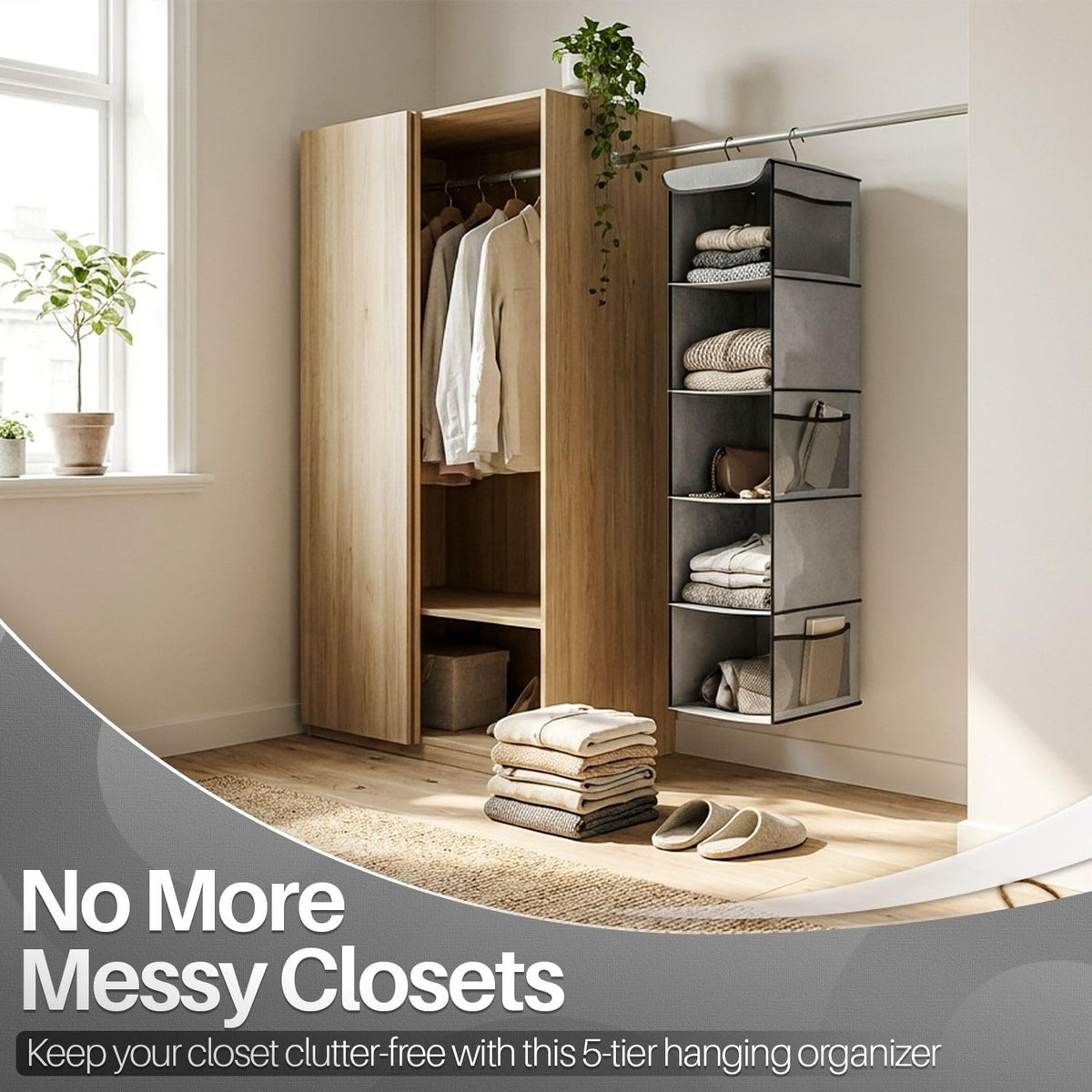 5-Shelf Fabric Hanging Closet Organizer, 11.9-Inch Wide, Brown