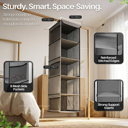 5-Shelf Fabric Hanging Closet Organizer, 11.9-Inch Wide, Brown