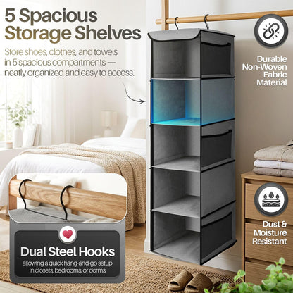 5-Shelf Fabric Hanging Closet Organizer, 11.9-Inch Wide, Brown