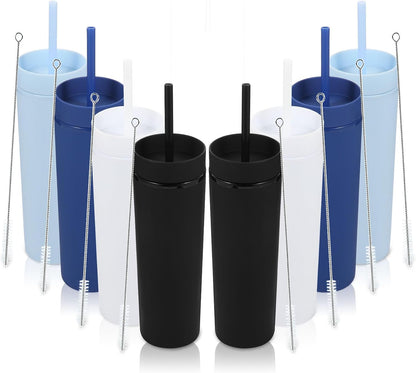 Volhoply 16oz Plastic Skinny Tumbler with Lid and Straw Bulk 8 Pack,Insulated Double Wall BPA Free Matte Acrylic Tumblers,Iced Coffee Travel Reusable Party Cup,Customizable Diy Gifts(Assorted,8 Set)