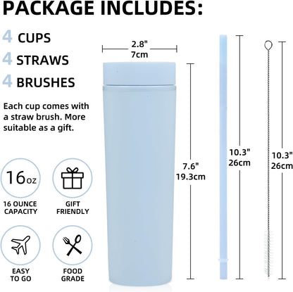 Volhoply 16oz Plastic Skinny Tumbler with Lid and Straw Bulk 8 Pack,Insulated Double Wall BPA Free Matte Acrylic Tumblers,Iced Coffee Travel Reusable Party Cup,Customizable Diy Gifts(Assorted,8 Set)