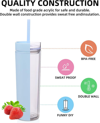 Volhoply 16oz Plastic Skinny Tumbler with Lid and Straw Bulk 8 Pack,Insulated Double Wall BPA Free Matte Acrylic Tumblers,Iced Coffee Travel Reusable Party Cup,Customizable Diy Gifts(Assorted,8 Set)