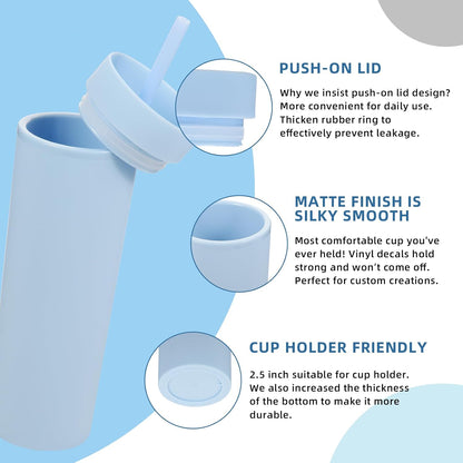 Volhoply 16oz Plastic Skinny Tumbler with Lid and Straw Bulk 8 Pack,Insulated Double Wall BPA Free Matte Acrylic Tumblers,Iced Coffee Travel Reusable Party Cup,Customizable Diy Gifts(Assorted,8 Set)
