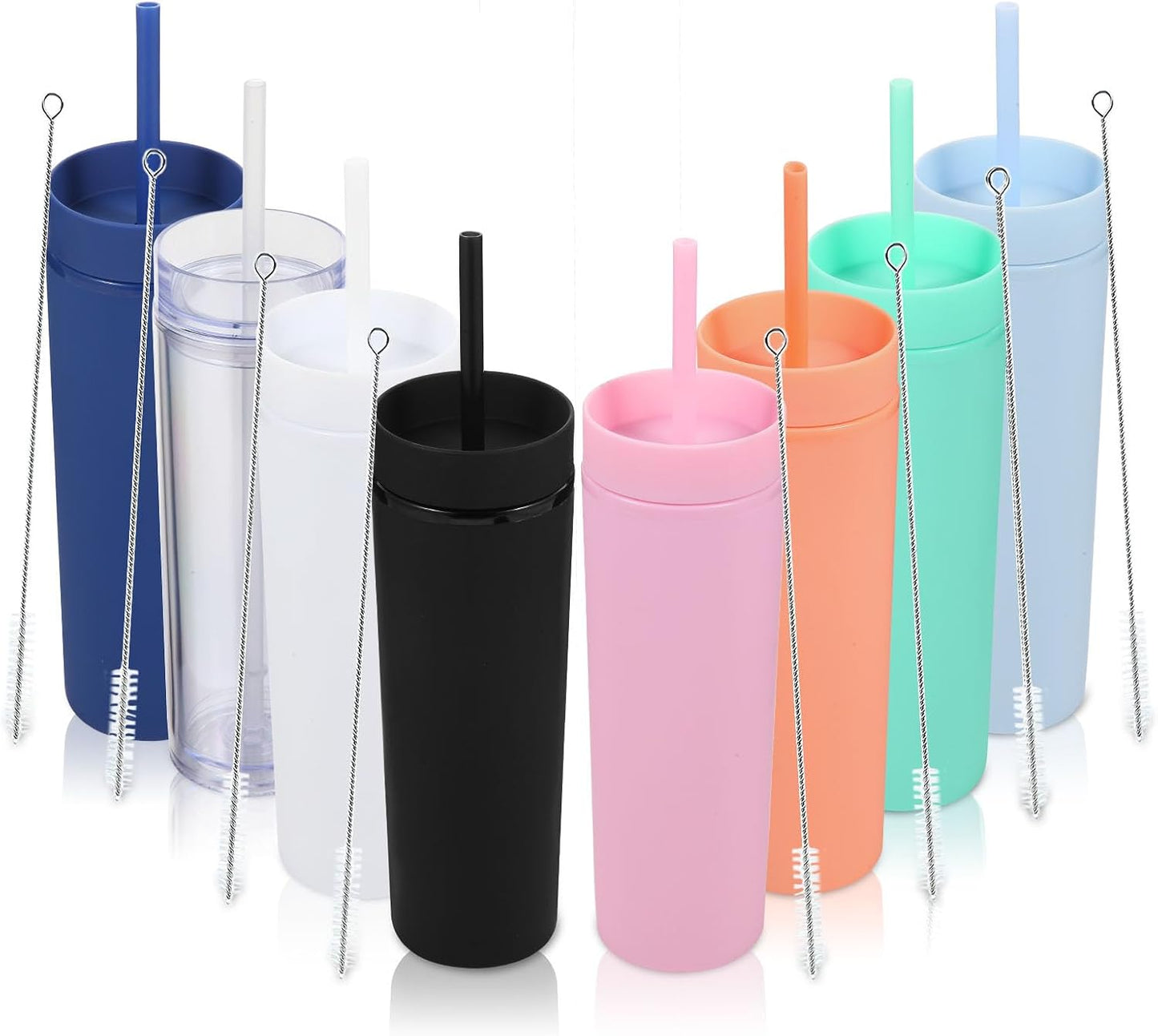 Volhoply 16oz Plastic Skinny Tumbler with Lid and Straw Bulk 8 Pack,Insulated Double Wall BPA Free Matte Acrylic Tumblers,Iced Coffee Travel Reusable Party Cup,Customizable Diy Gifts(Assorted,8 Set)