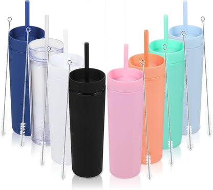 Volhoply 16oz Plastic Skinny Tumbler with Lid and Straw Bulk 8 Pack,Insulated Double Wall BPA Free Matte Acrylic Tumblers,Iced Coffee Travel Reusable Party Cup,Customizable Diy Gifts(Assorted,8 Set)