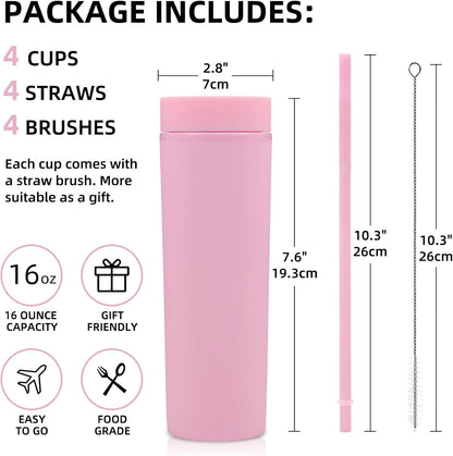 Volhoply 16oz Plastic Skinny Tumbler with Lid and Straw Bulk 8 Pack,Insulated Double Wall BPA Free Matte Acrylic Tumblers,Iced Coffee Travel Reusable Party Cup,Customizable Diy Gifts(Assorted,8 Set)