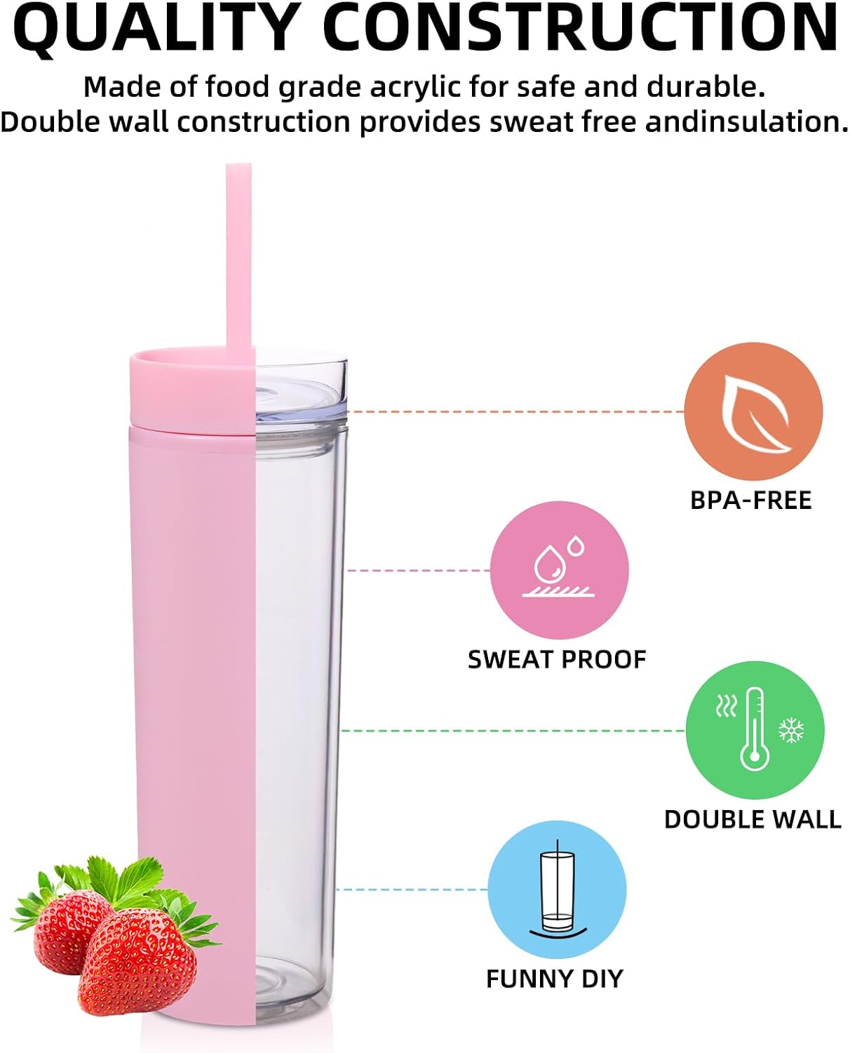Volhoply 16oz Plastic Skinny Tumbler with Lid and Straw Bulk 8 Pack,Insulated Double Wall BPA Free Matte Acrylic Tumblers,Iced Coffee Travel Reusable Party Cup,Customizable Diy Gifts(Assorted,8 Set)