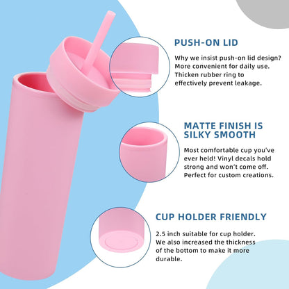 Volhoply 16oz Plastic Skinny Tumbler with Lid and Straw Bulk 8 Pack,Insulated Double Wall BPA Free Matte Acrylic Tumblers,Iced Coffee Travel Reusable Party Cup,Customizable Diy Gifts(Assorted,8 Set)