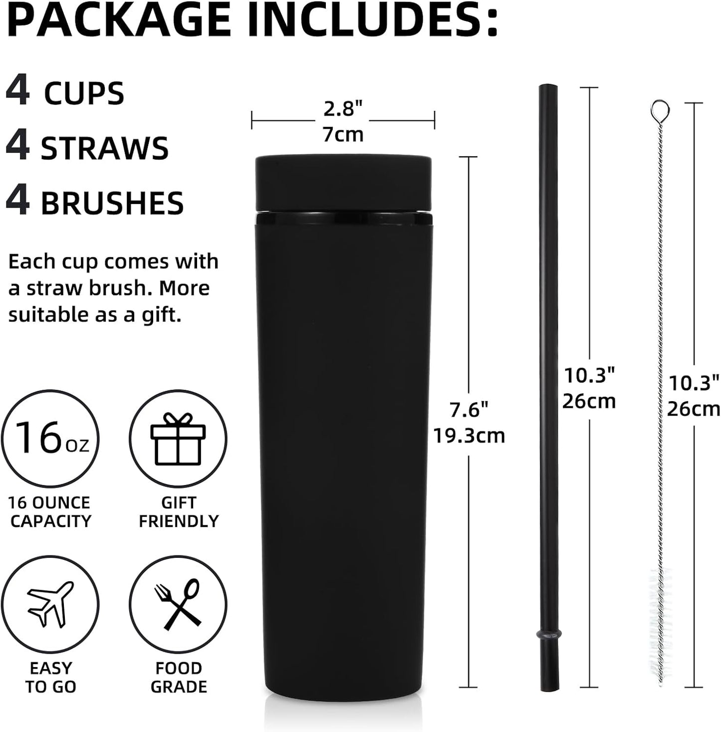 Volhoply 16oz Plastic Skinny Tumbler with Lid and Straw Bulk 8 Pack,Insulated Double Wall BPA Free Matte Acrylic Tumblers,Iced Coffee Travel Reusable Party Cup,Customizable Diy Gifts(Assorted,8 Set)