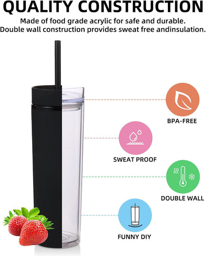 Volhoply 16oz Plastic Skinny Tumbler with Lid and Straw Bulk 8 Pack,Insulated Double Wall BPA Free Matte Acrylic Tumblers,Iced Coffee Travel Reusable Party Cup,Customizable Diy Gifts(Assorted,8 Set)