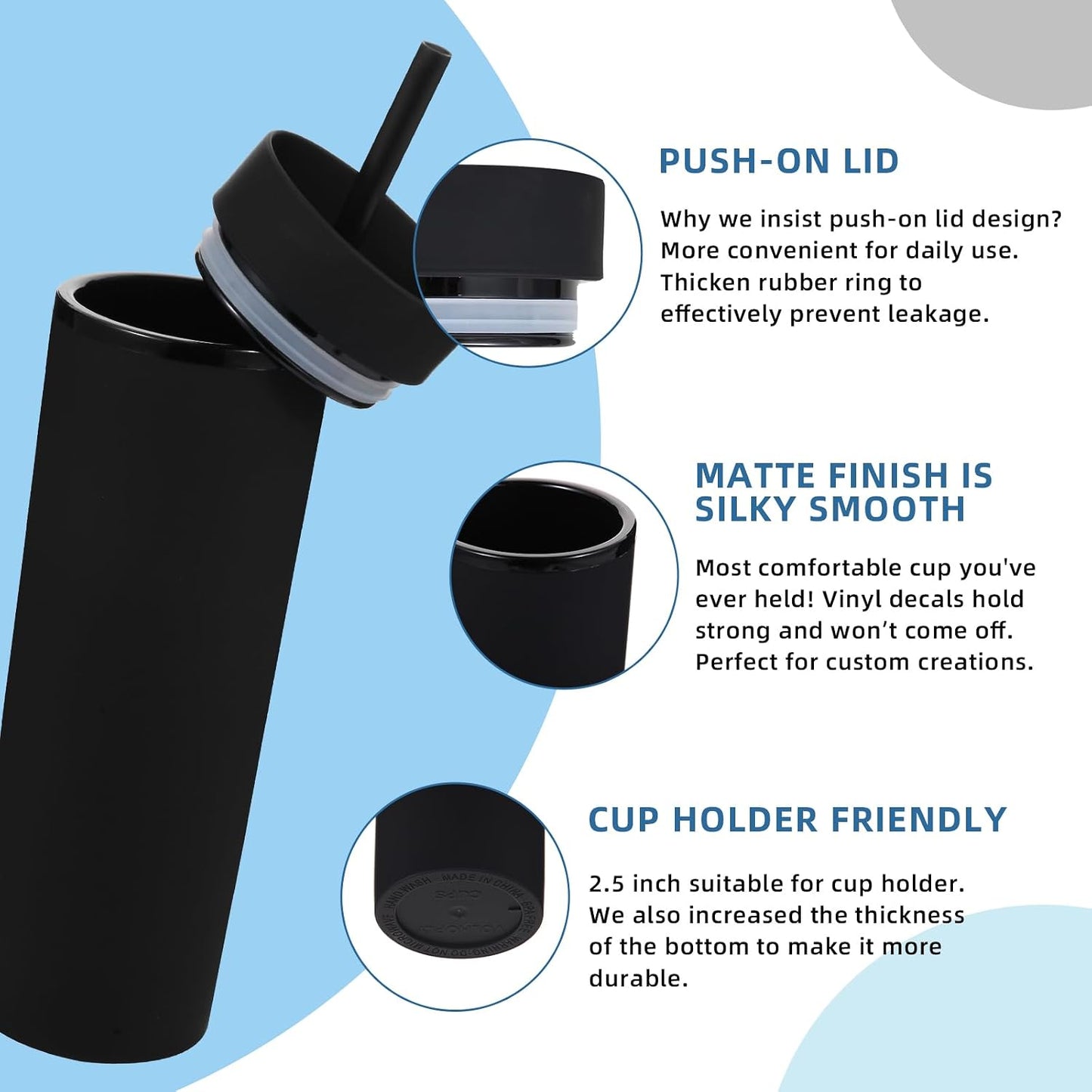 Volhoply 16oz Plastic Skinny Tumbler with Lid and Straw Bulk 8 Pack,Insulated Double Wall BPA Free Matte Acrylic Tumblers,Iced Coffee Travel Reusable Party Cup,Customizable Diy Gifts(Assorted,8 Set)