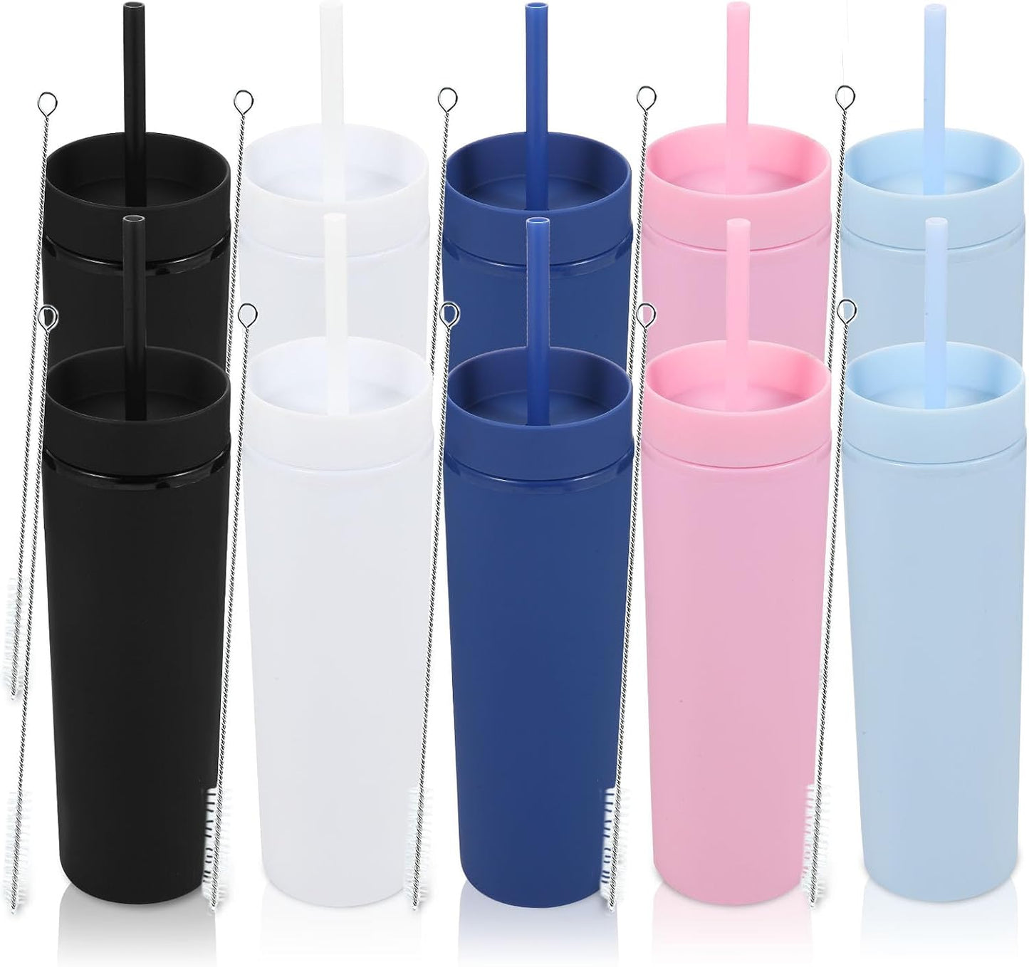 Volhoply 16oz Plastic Skinny Tumbler with Lid and Straw Bulk 8 Pack,Insulated Double Wall BPA Free Matte Acrylic Tumblers,Iced Coffee Travel Reusable Party Cup,Customizable Diy Gifts(Assorted,8 Set)