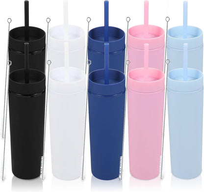 Volhoply 16oz Plastic Skinny Tumbler with Lid and Straw Bulk 8 Pack,Insulated Double Wall BPA Free Matte Acrylic Tumblers,Iced Coffee Travel Reusable Party Cup,Customizable Diy Gifts(Assorted,8 Set)