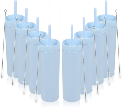 Volhoply 16oz Plastic Skinny Tumbler with Lid and Straw Bulk 8 Pack,Insulated Double Wall BPA Free Matte Acrylic Tumblers,Iced Coffee Travel Reusable Party Cup,Customizable Diy Gifts(Assorted,8 Set)