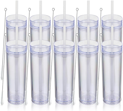 Volhoply 16oz Plastic Skinny Tumbler with Lid and Straw Bulk 8 Pack,Insulated Double Wall BPA Free Matte Acrylic Tumblers,Iced Coffee Travel Reusable Party Cup,Customizable Diy Gifts(Assorted,8 Set)
