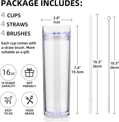 Volhoply 16oz Plastic Skinny Tumbler with Lid and Straw Bulk 8 Pack,Insulated Double Wall BPA Free Matte Acrylic Tumblers,Iced Coffee Travel Reusable Party Cup,Customizable Diy Gifts(Assorted,8 Set)