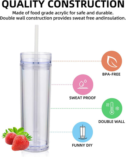 Volhoply 16oz Plastic Skinny Tumbler with Lid and Straw Bulk 8 Pack,Insulated Double Wall BPA Free Matte Acrylic Tumblers,Iced Coffee Travel Reusable Party Cup,Customizable Diy Gifts(Assorted,8 Set)