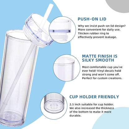 Volhoply 16oz Plastic Skinny Tumbler with Lid and Straw Bulk 8 Pack,Insulated Double Wall BPA Free Matte Acrylic Tumblers,Iced Coffee Travel Reusable Party Cup,Customizable Diy Gifts(Assorted,8 Set)