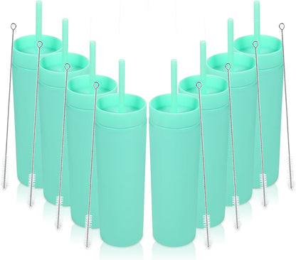 Volhoply 16oz Plastic Skinny Tumbler with Lid and Straw Bulk 8 Pack,Insulated Double Wall BPA Free Matte Acrylic Tumblers,Iced Coffee Travel Reusable Party Cup,Customizable Diy Gifts(Assorted,8 Set)