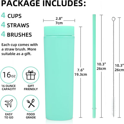 Volhoply 16oz Plastic Skinny Tumbler with Lid and Straw Bulk 8 Pack,Insulated Double Wall BPA Free Matte Acrylic Tumblers,Iced Coffee Travel Reusable Party Cup,Customizable Diy Gifts(Assorted,8 Set)