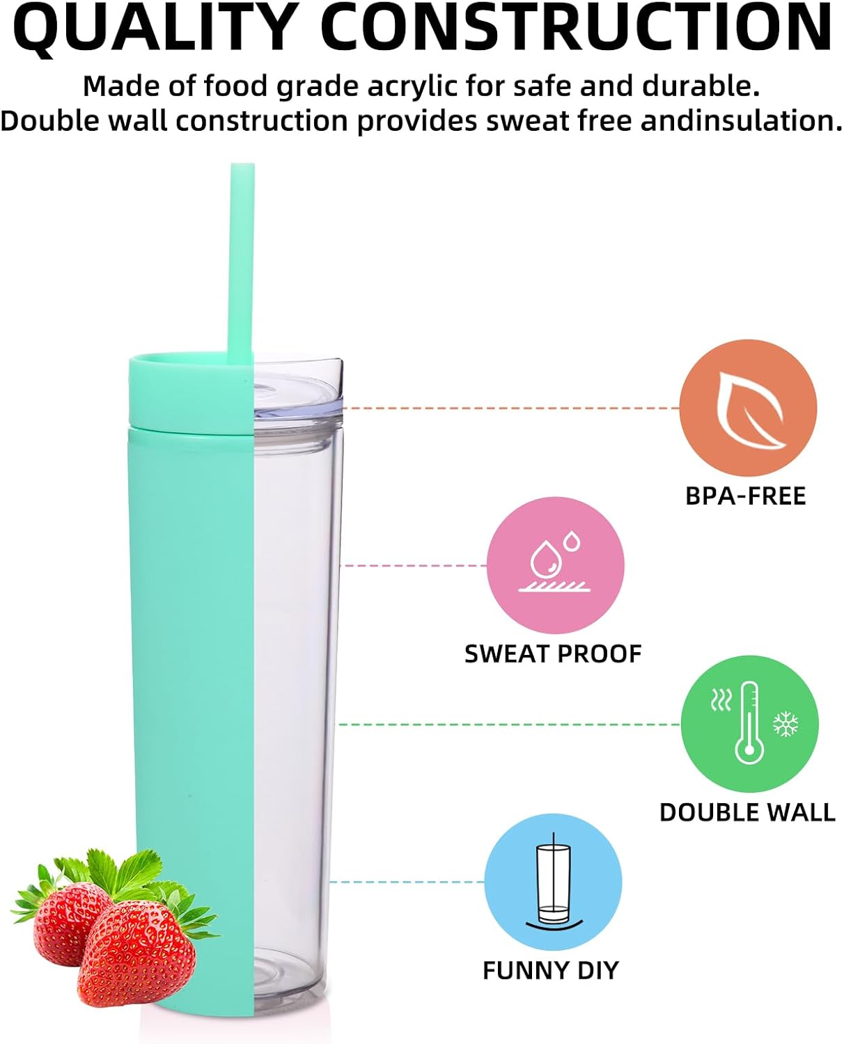 Volhoply 16oz Plastic Skinny Tumbler with Lid and Straw Bulk 8 Pack,Insulated Double Wall BPA Free Matte Acrylic Tumblers,Iced Coffee Travel Reusable Party Cup,Customizable Diy Gifts(Assorted,8 Set)