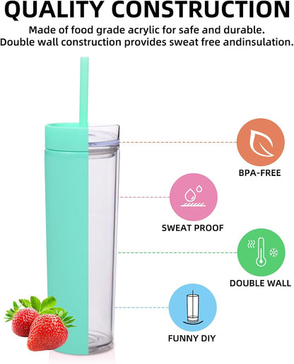 Volhoply 16oz Plastic Skinny Tumbler with Lid and Straw Bulk 8 Pack,Insulated Double Wall BPA Free Matte Acrylic Tumblers,Iced Coffee Travel Reusable Party Cup,Customizable Diy Gifts(Assorted,8 Set)