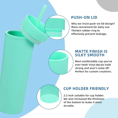 Volhoply 16oz Plastic Skinny Tumbler with Lid and Straw Bulk 8 Pack,Insulated Double Wall BPA Free Matte Acrylic Tumblers,Iced Coffee Travel Reusable Party Cup,Customizable Diy Gifts(Assorted,8 Set)