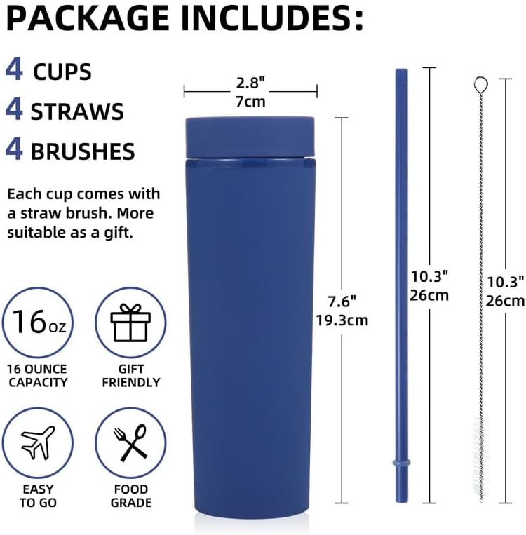 Volhoply 16oz Plastic Skinny Tumbler with Lid and Straw Bulk 8 Pack,Insulated Double Wall BPA Free Matte Acrylic Tumblers,Iced Coffee Travel Reusable Party Cup,Customizable Diy Gifts(Assorted,8 Set)