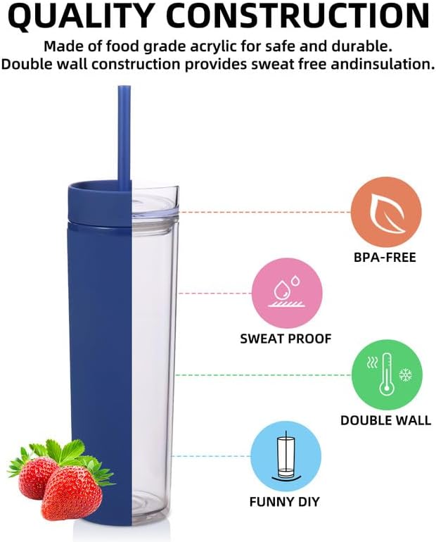 Volhoply 16oz Plastic Skinny Tumbler with Lid and Straw Bulk 8 Pack,Insulated Double Wall BPA Free Matte Acrylic Tumblers,Iced Coffee Travel Reusable Party Cup,Customizable Diy Gifts(Assorted,8 Set)