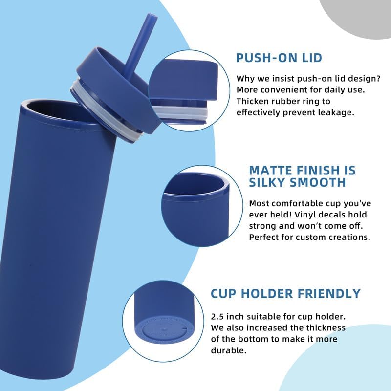 Volhoply 16oz Plastic Skinny Tumbler with Lid and Straw Bulk 8 Pack,Insulated Double Wall BPA Free Matte Acrylic Tumblers,Iced Coffee Travel Reusable Party Cup,Customizable Diy Gifts(Assorted,8 Set)