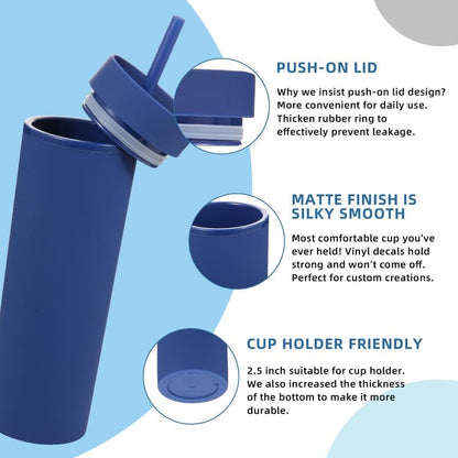 Volhoply 16oz Plastic Skinny Tumbler with Lid and Straw Bulk 8 Pack,Insulated Double Wall BPA Free Matte Acrylic Tumblers,Iced Coffee Travel Reusable Party Cup,Customizable Diy Gifts(Assorted,8 Set)