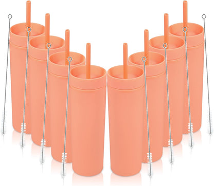 Volhoply 16oz Plastic Skinny Tumbler with Lid and Straw Bulk 8 Pack,Insulated Double Wall BPA Free Matte Acrylic Tumblers,Iced Coffee Travel Reusable Party Cup,Customizable Diy Gifts(Assorted,8 Set)