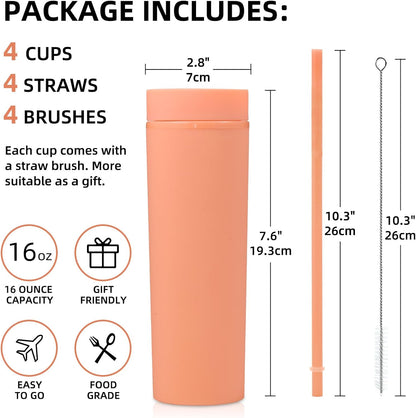 Volhoply 16oz Plastic Skinny Tumbler with Lid and Straw Bulk 8 Pack,Insulated Double Wall BPA Free Matte Acrylic Tumblers,Iced Coffee Travel Reusable Party Cup,Customizable Diy Gifts(Assorted,8 Set)