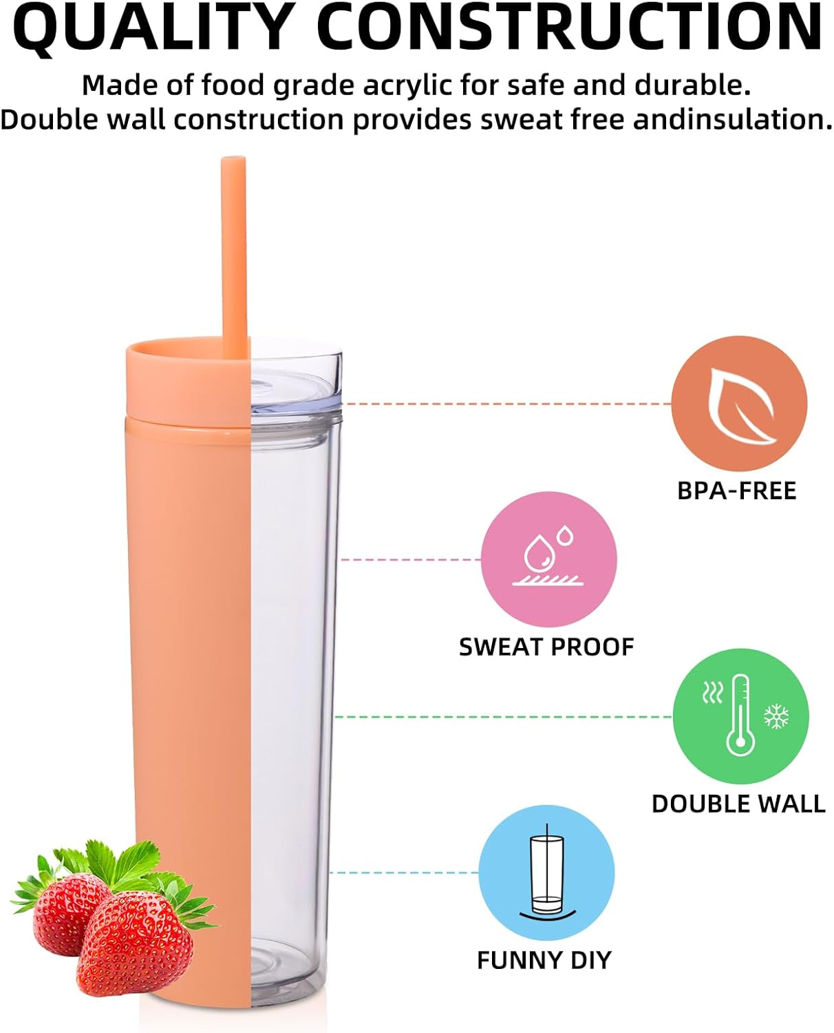 Volhoply 16oz Plastic Skinny Tumbler with Lid and Straw Bulk 8 Pack,Insulated Double Wall BPA Free Matte Acrylic Tumblers,Iced Coffee Travel Reusable Party Cup,Customizable Diy Gifts(Assorted,8 Set)