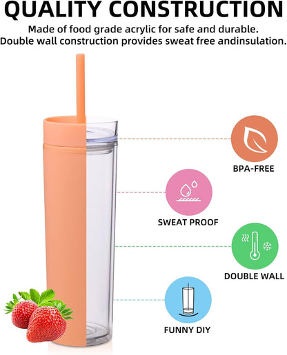 Volhoply 16oz Plastic Skinny Tumbler with Lid and Straw Bulk 8 Pack,Insulated Double Wall BPA Free Matte Acrylic Tumblers,Iced Coffee Travel Reusable Party Cup,Customizable Diy Gifts(Assorted,8 Set)