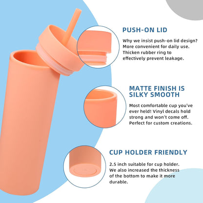 Volhoply 16oz Plastic Skinny Tumbler with Lid and Straw Bulk 8 Pack,Insulated Double Wall BPA Free Matte Acrylic Tumblers,Iced Coffee Travel Reusable Party Cup,Customizable Diy Gifts(Assorted,8 Set)