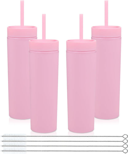 Volhoply 16oz Plastic Skinny Tumbler with Lid and Straw Bulk 8 Pack,Insulated Double Wall BPA Free Matte Acrylic Tumblers,Iced Coffee Travel Reusable Party Cup,Customizable Diy Gifts(Assorted,8 Set)