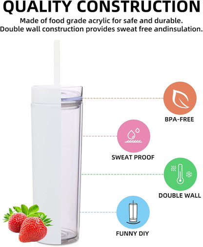 Volhoply 16oz Plastic Skinny Tumbler with Lid and Straw Bulk 8 Pack,Insulated Double Wall BPA Free Matte Acrylic Tumblers,Iced Coffee Travel Reusable Party Cup,Customizable Diy Gifts(Assorted,8 Set)