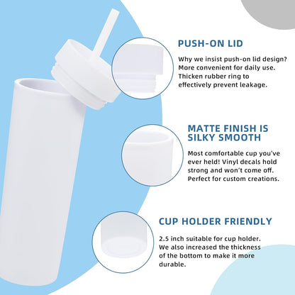 Volhoply 16oz Plastic Skinny Tumbler with Lid and Straw Bulk 8 Pack,Insulated Double Wall BPA Free Matte Acrylic Tumblers,Iced Coffee Travel Reusable Party Cup,Customizable Diy Gifts(Assorted,8 Set)