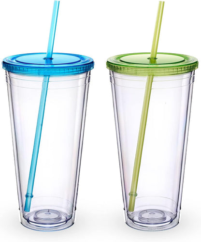 Zukro Clear Double Wall Plastic Tumbler with Lid and Straw 32 oz, 2 Pack | Wide Mouth BPA Free Large Clear Insulated Reusable Acrylic Iced Coffee To Go Cup for Loaded Tea, Water, Fit in Cupholder