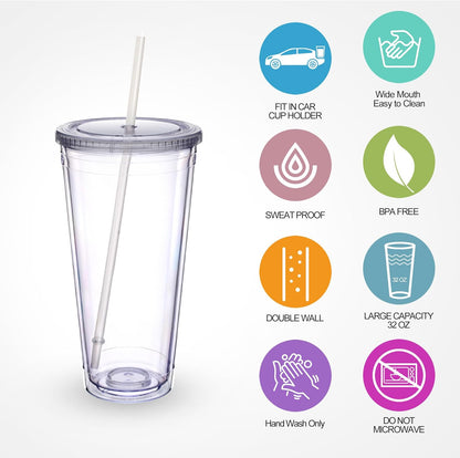 Zukro Clear Double Wall Plastic Tumbler with Lid and Straw 32 oz, 2 Pack | Wide Mouth BPA Free Large Clear Insulated Reusable Acrylic Iced Coffee To Go Cup for Loaded Tea, Water, Fit in Cupholder