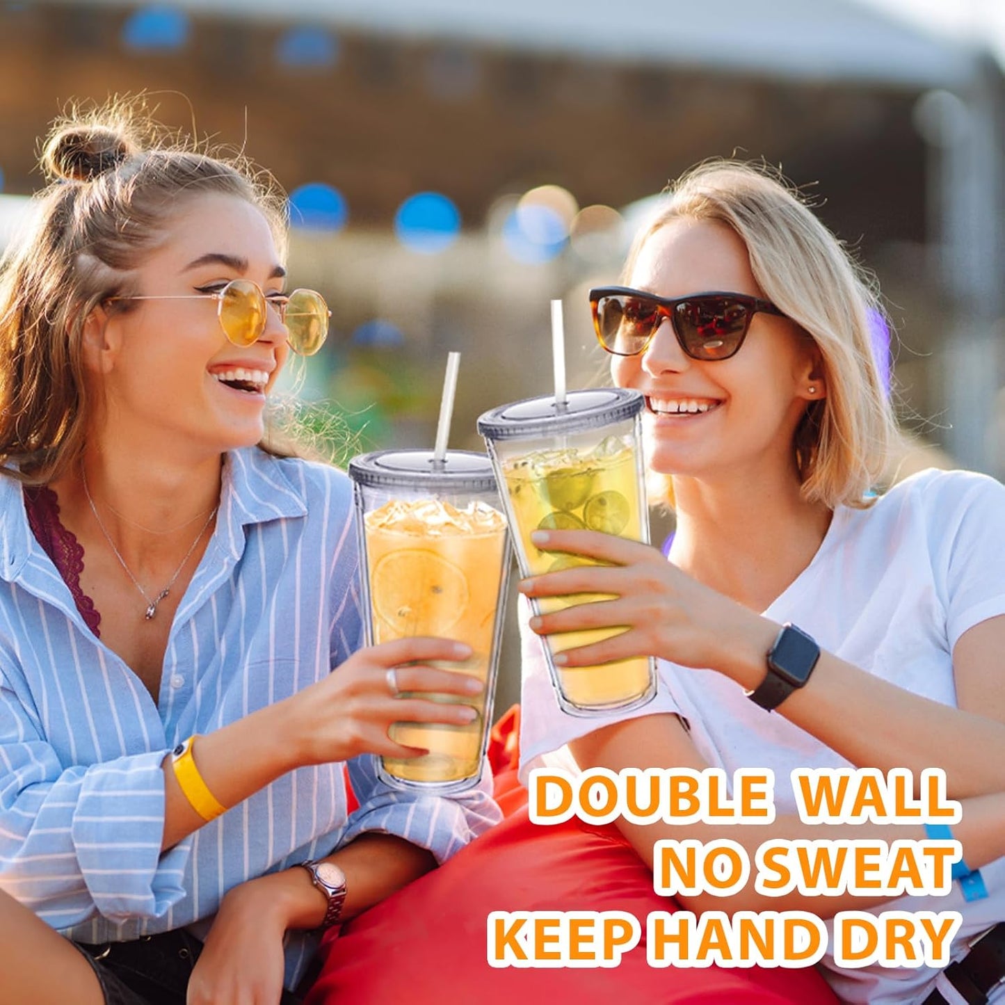 Zukro Clear Double Wall Plastic Tumbler with Lid and Straw 32 oz, 2 Pack | Wide Mouth BPA Free Large Clear Insulated Reusable Acrylic Iced Coffee To Go Cup for Loaded Tea, Water, Fit in Cupholder